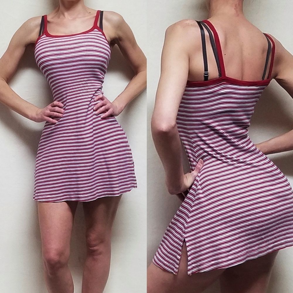 VINTAGE Basic Editions Ribbed Red White Striped Spaghetti Strap Mini Nightgown